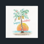 Island Holiday Tropical Beach Palm Christmas  Napkin<br><div class="desc">Tropical beach theme Christmas cocktail napkins feature a watercolor island in the sun with a palm tree decorated with string lights and ornaments,  and a  "happy holidays" greeting. The lower line of text can be personalized (shown here with "thank you for celebrating with us").  Art by KL Stock</div>