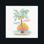 Island Holiday Tropical Beach Palm Christmas Napkin<br><div class="desc">Tropical beach theme Christmas cocktail napkins feature a watercolor island in the sun with a palm tree decorated with string lights and ornaments, and a "happy holidays" greeting. The lower line of text can be personalized (shown here with "thank you for celebrating with us"). Art by KL Stock</div>
