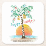Island Holiday Tropical Beach Palm Christmas Square Paper Coaster<br><div class="desc">Tropical beach theme Christmas paper coasters feature a watercolor island in the sun with a palm tree decorated with string lights and ornaments,  and a  "happy holidays" greeting. The lower line of text can be personalized (shown here with "thank you for celebrating with us").  Art by KL Stock</div>