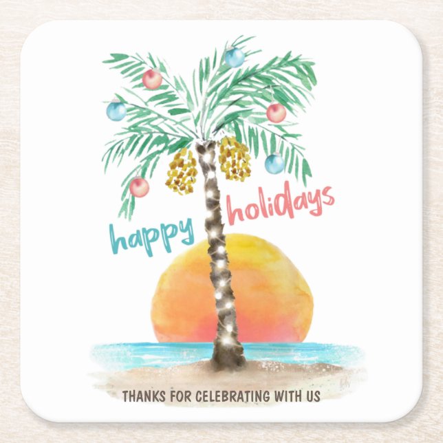 Island Holiday Tropical Beach Palm Christmas Square Paper Coaster (Front)