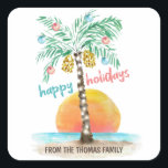 Island Holiday Tropical Beach Palm Christmas Square Sticker<br><div class="desc">Tropical beach theme Christmas stickers (or envelope seals) feature a watercolor island in the sun with a palm tree decorated with string lights and ornaments,  and a  "happy holidays" greeting. Art by KL Stock</div>