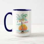 Island Holiday Tropical Beach Palm Tree Christmas Mug<br><div class="desc">Tropical beach theme Christmas mug features an island in the sun with a palm tree decorated with string lights and ornaments and a "happy holidays" greeting. The lower line of text can be personalized with a name or greeting of your own. Art by KL Stock</div>