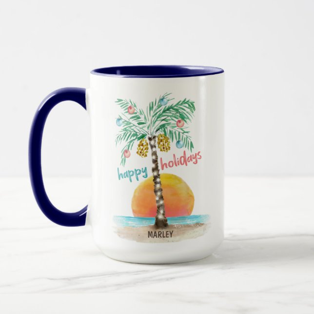 Island Holiday Tropical Beach Palm Tree Christmas Mug (Left)