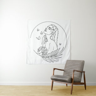 Island Muse – Tropical Feminine Line Art Tapestry