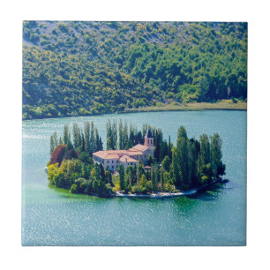 Island of Visovac monastery in Krka NP - Croatia Tile