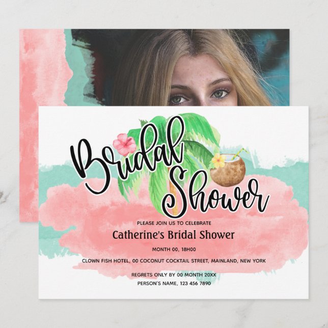 Island palm pink mint coconut flower modern bridal invitation (Front/Back)