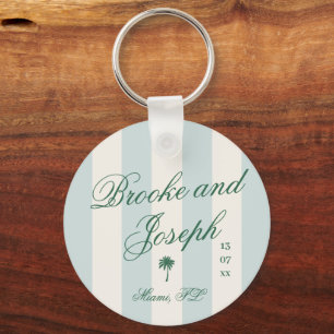Island Palm Stripe Cabana Beach Retro blue wedding Keychain
