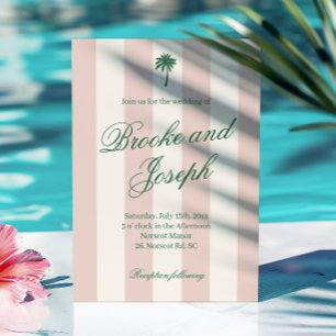 Island Palm Stripe Cabana Beach Retro pink wedding Invitation