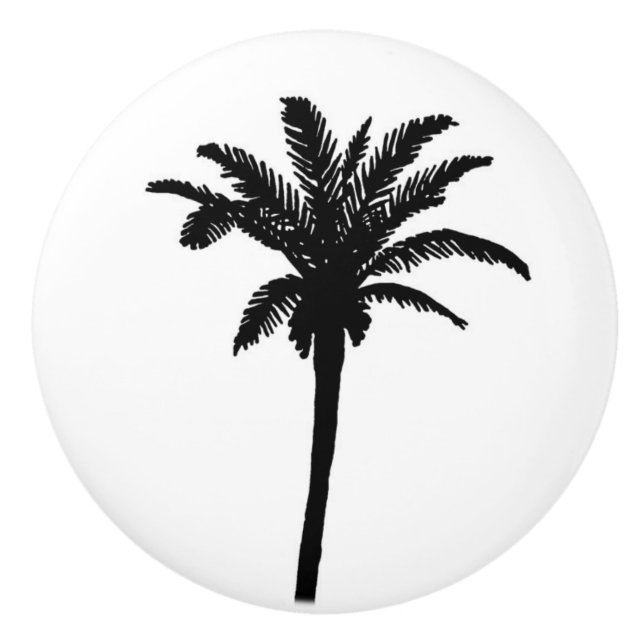 Island Palm Tree silhouette in black and white Ceramic Knob (Front)