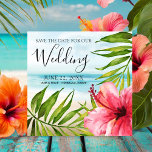 Island Paradise | Palms and Hibiscus Beach Wedding Save The Date<br><div class="desc">Tell your guests your wedding date in tropical style with this island-inspired Save the Date card featuring a watercolor beach framed by palm tree leaves and a pink hibiscus flower.</div>