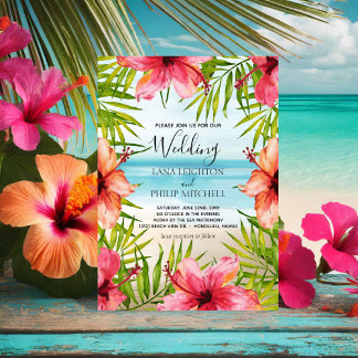 Island Paradise Tropical Palm & Hibiscus Wedding Invitation