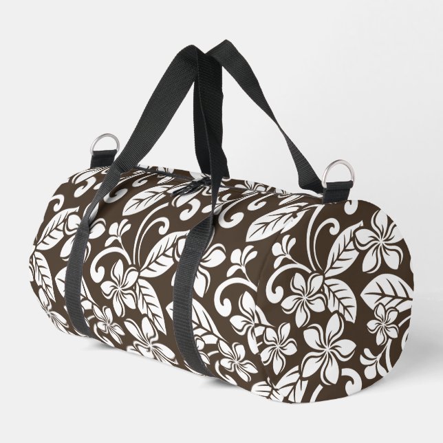 ISLAND PLUMERIA PATTERN IN COFFEE BROWN DUFFLE BAG (Left Corner)