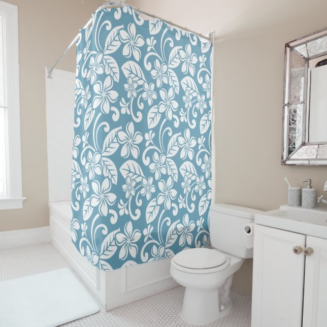 ISLAND PLUMERIA (SLATE BLUE) Shower Curtain (In Situ)