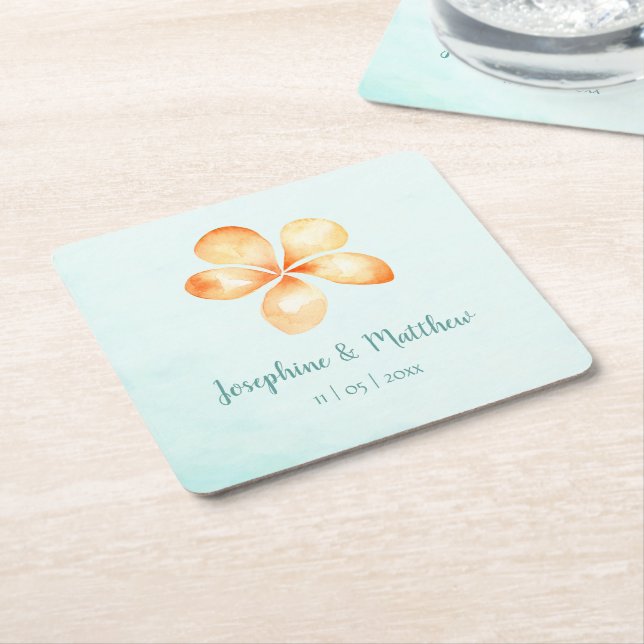 Island Plumeria Watercolor Wedding Square Paper Coaster (Angled)