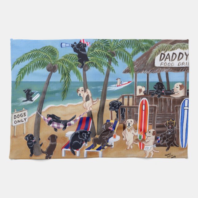 Island Summer Vacation Labradors Painting Kitchen Towel (Horizontal)