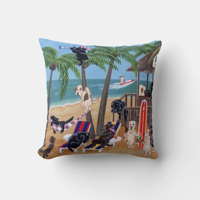 Island Summer Vacation Labradors Throw Pillow (Front)