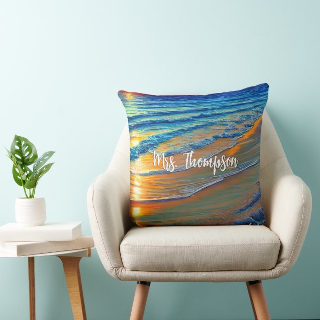 Island Sunset with Personalized Name Throw Pillow (Chair)