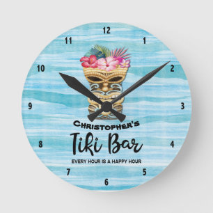 Island Tiki Bar Monogrammed Round Clock
