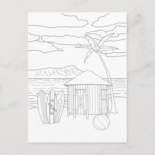 Island Tiki Hut Adult Colouring Postcard (Front)
