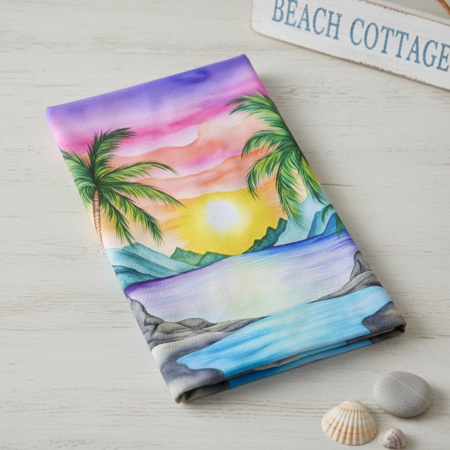 Island Tropical Beach Sunset Kitchen Towel (Creator Uploaded)