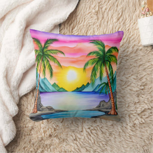Island Tropical Beach Sunset Throw Pillow