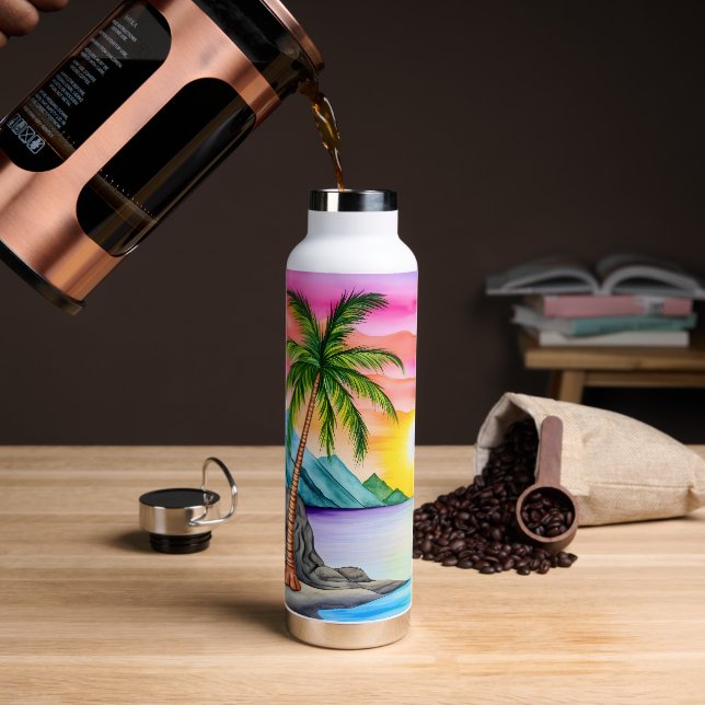 Island Tropical Beach Sunset Water Bottle (Coffee (Rotated))
