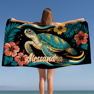 Island Vibes Tropical Turtle Hawaiian Hibiscus Beach Towel