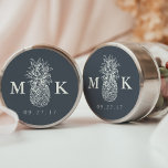 Island Vintage Pineapple Monogram Wedding Classic Round Sticker<br><div class="desc">Personalize these stickers with your initials, monogram or duogram and wedding date for a chic way to finish your wedding invitations, save the dates, favours or thank you cards. Design features a smoky grey navy blue background with ivory lettering and a vintage style pineapple illustration for a southern or tropical...</div>