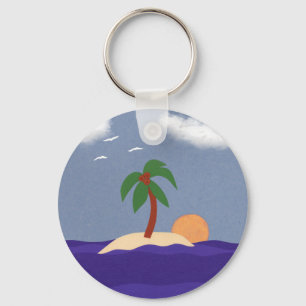 Island with Palm Tree, Sunset and Seagulls Keychain
