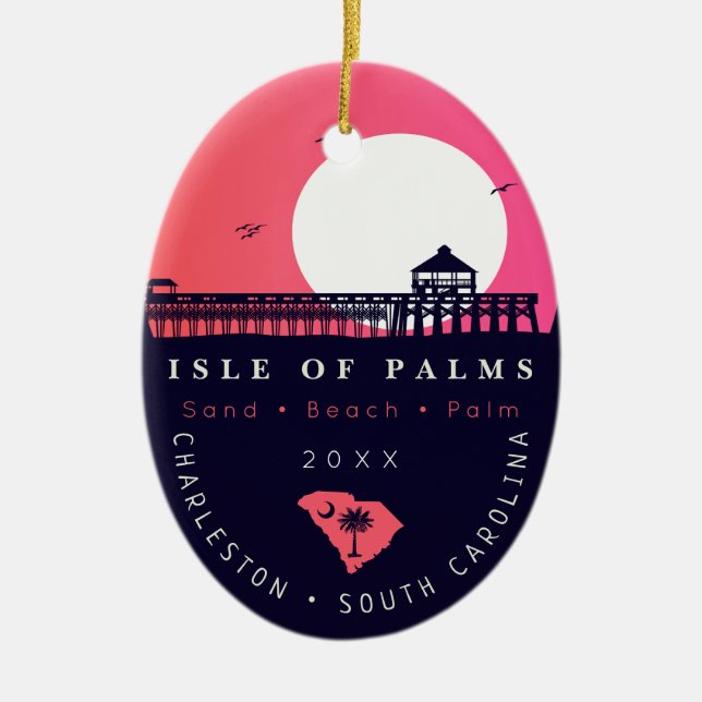 Isle of Palms Pier SC Retro Sunset Souvenirs 60s Ceramic Ornament (Front)