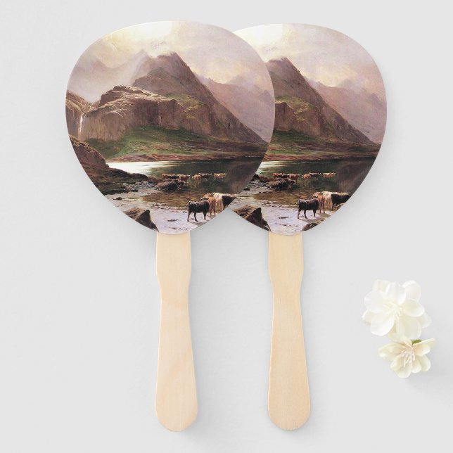 Isle of Skye Scotland Lake Mountains Cows Hand Fan (Front and Back)