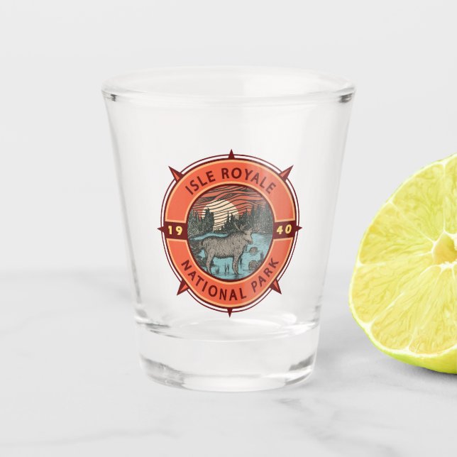Isle Royale National Park Moose Retro Compass Shot Glass (Front)