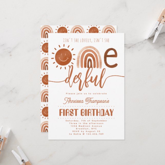 Isn't she Lovely Onederful Boho Rainbow Birthday Invitation (Front/Back In Situ)
