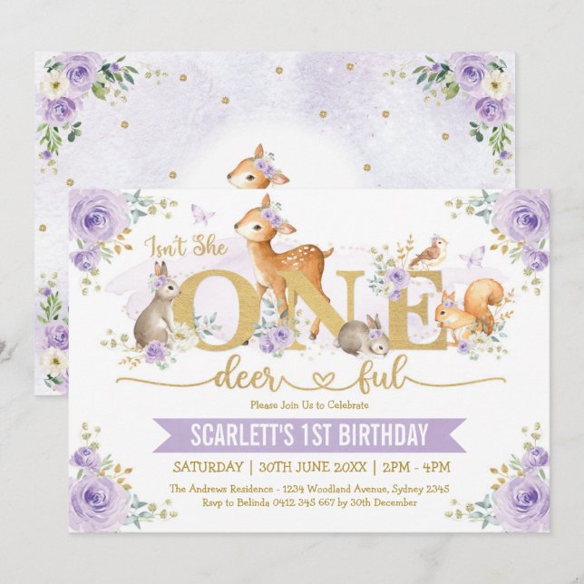 Isn't She ONE-deer-ful Lilac Woodland 1st Birthday Invitation (Front/Back)