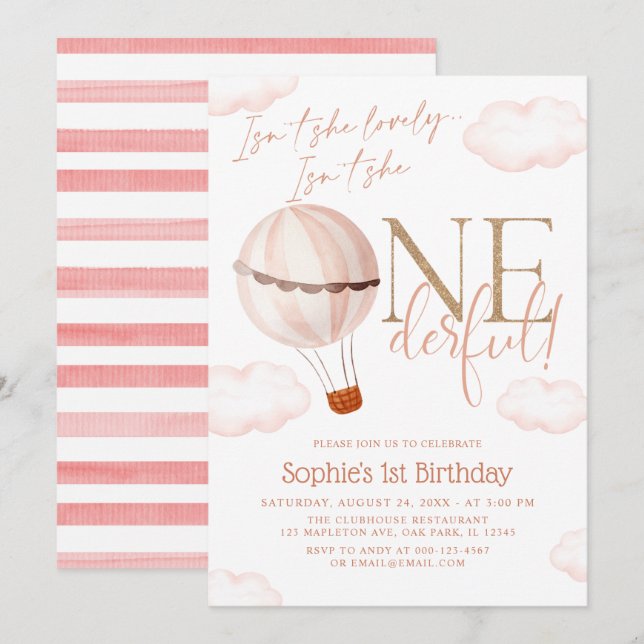 Isn't She Onederful Hot Air Balloon 1st Birthday  Invitation (Front/Back)