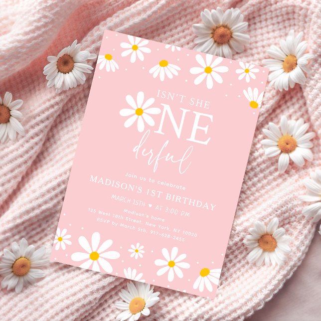 Isn't She ONEderful Pink Boho Daisy First Birthday Invitation (Creator Uploaded)