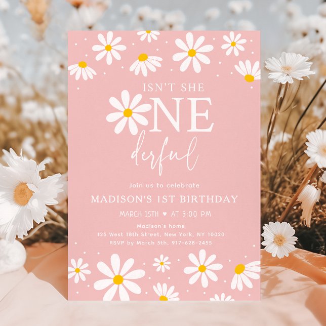 Isn't She ONEderful Pink Boho Daisy First Birthday Invitation (Creator Uploaded)