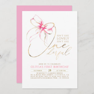 Isn't She Onederful Pink Bow Elegant 1st Birthday Invitation