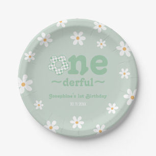 Isn't She Onederful Retro Floral Sage Birthday Paper Plate