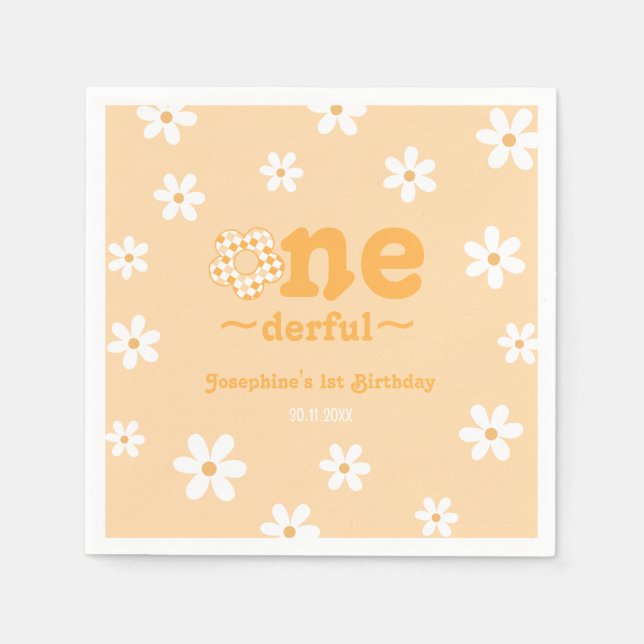 Isn't She Onederful Retro Groovy Floral Birthday Napkin (Front)