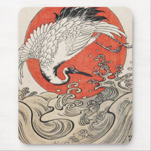 Isoda Koryusai Crane Waves and rising sun Mouse Pad