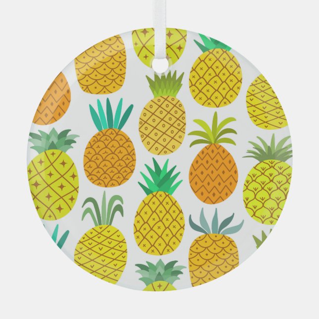 Isolated Pineapple: Vintage Seamless Pattern. Glass Ornament (Front)