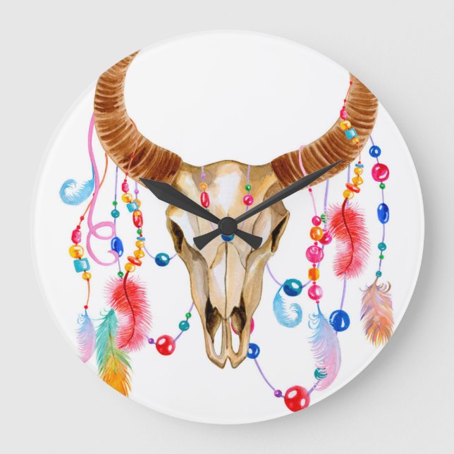 Isolated Watercolor Skull: White Background. Large Clock (Front)