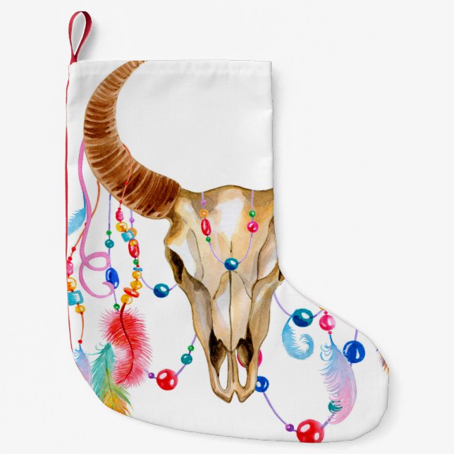 Isolated Watercolor Skull: White Background. Small Christmas Stocking (Front)