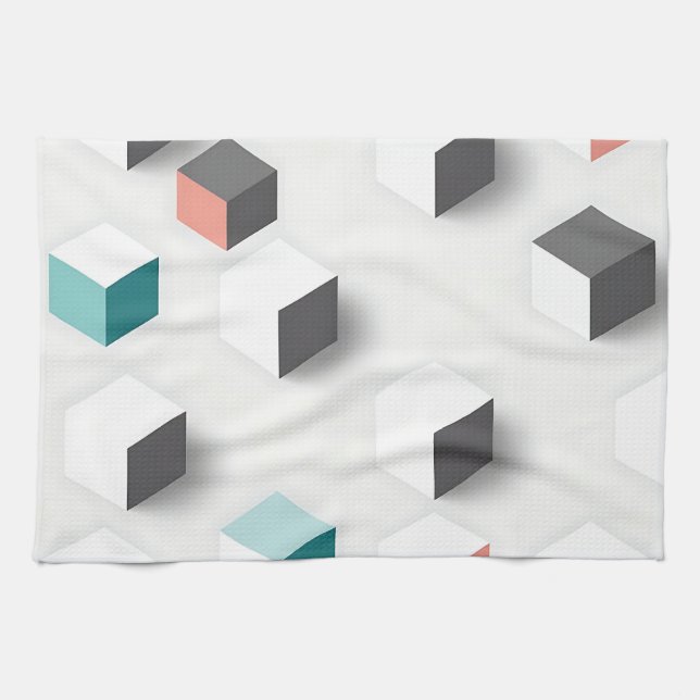 Isometric 3D Cubes Geometric Abstract Pattern Kitchen Towel (Horizontal)