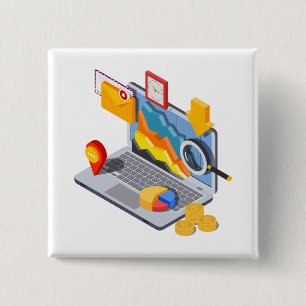 Isometric Business Data Analytics Laptop 2 Inch Square Button