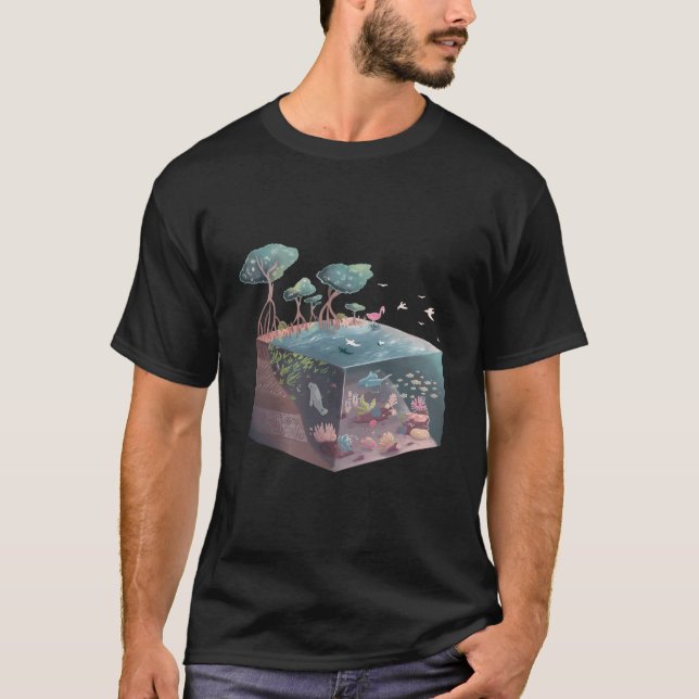 Isometric Mangrove Coral Reef Swamp Ecosystem Flor T-Shirt (Front)