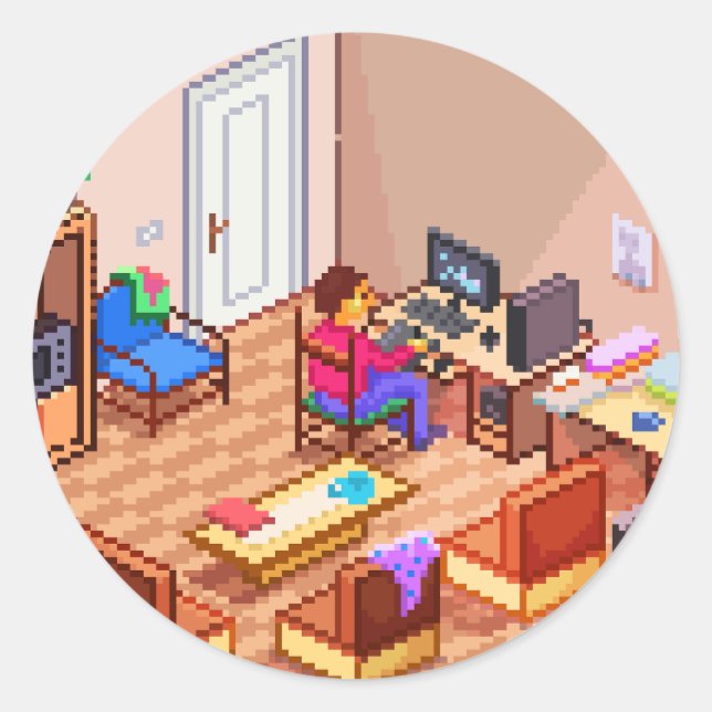 Isometric  Pixel Art Gaming PC Room Classic Round Sticker (Front)