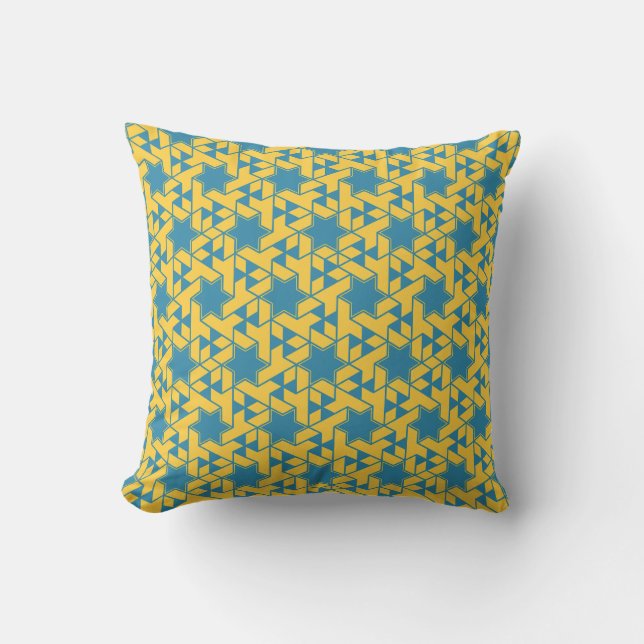 Isometric Star Hexagon Pattern - Yellow and Teal Throw Pillow (Front)