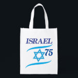 Israel 75 Anniversary, Independence Day - Modern Reusable Grocery Bag<br><div class="desc">Israel 75th anniversary, Independence Day Blue Star of David, Israeli Flag, Yom Haatzmaut Jewish Holiday festive greeting logo, Jerusalem banner with Israeli blue star, Magendavid label flag, fireworks, modern design wallpaper. 2023 celebrate. Israel 75 Birthday Festival celebration. Modern design with text template. Personalized modern trendy bag. Accessories > Bags &...</div>